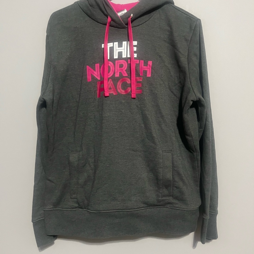 The North Face Gray Hoodie with Pink Logo